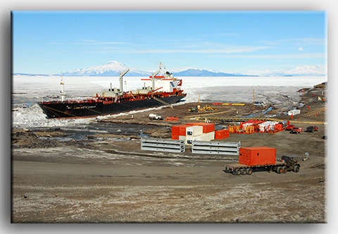 Tanker ship docked at McMurdo Station