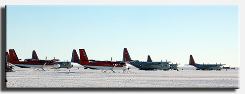 LC-130s and Twin Otters parked at Pegasus Airfield near McMurdo Station