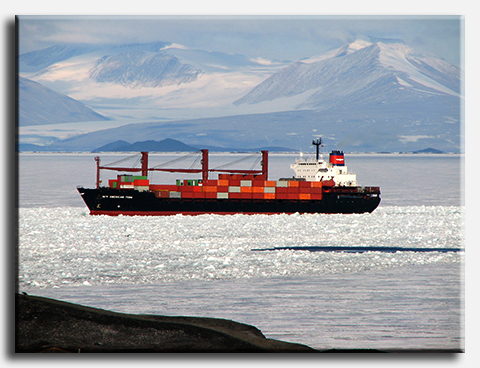 A cargo ship in the sea ice of McMurdo Sound.