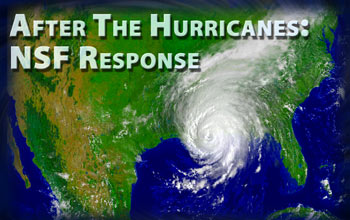 Illustration of hurricane, U.S. map and words After The Hurricanes: NSF Response