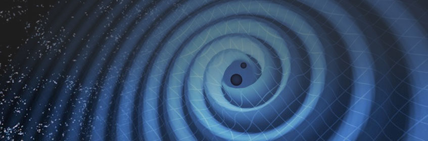 This illustration shows the merger of two black holes and the gravitational waves that ripple outward as the black holes spiral toward each other.
