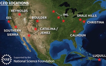 map showing Critical Zone Observatories locations across North America.