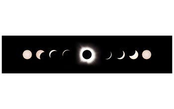A sequence of images showing the April 8, 2024, solar eclipse from beginning to totality to completion as viewed from Dallas, Texas