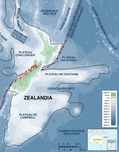 Zealandia, about half the size of Australia, surrounds New Zealand.