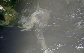 Satellite image showing a Deepwater Horizon oil slick spreading in the Gulf of Mexico.
