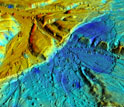 3-D map showing faults slicing the ground and offsetting the desert floor around the Borrego Fault.