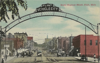 postacrd showing a street in Flint, Mich in 1910