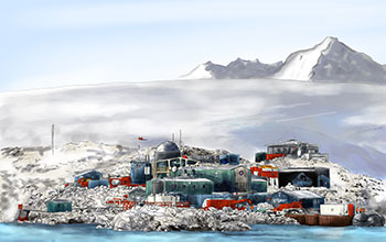 Artistic drawing of NSF's Palmer Station, Antarctica