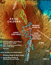 Map of Axial Seamount showing lava flows in 2015 in green and a previous eruption in 2011 in blue.