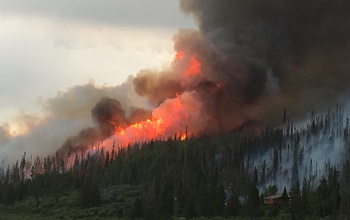 A burning forest and smoke clouds rising above.