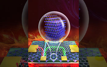 A nanoscale rendering of two materials, graphene (gray) and chromium oxide (blue), that collectively were used by researchers to fabricate a new transistor
