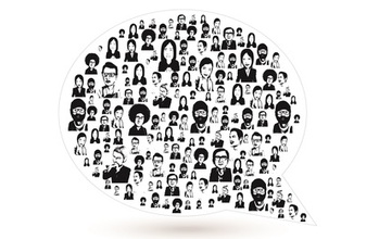 illustration showing a bubble filled with faces of people