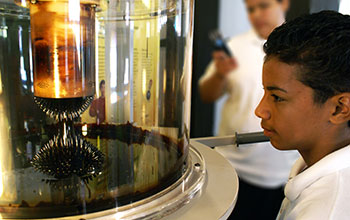 A boy manipulates blobs of ferrofluids and makes them dance using rare Earth magnets