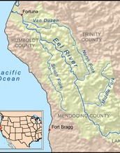 map showing the Eel River watershed  on the West coast