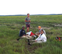 Researchers take a break from field sampling in Plum Island's salt marshes.