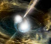 Artist's illustration of two merging neutron stars.