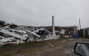 A destroyed building 1,000 feet from the Doppler on Wheels