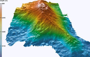 Three-dimensional representation of Loihi Seamount, with depths below the ocean surface in meters.