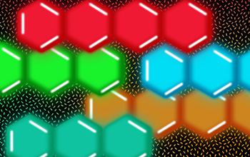 A rendering of stylized molecules known as acenes, emitting red, orange, yellow, green, and blue light