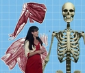 woman standing next to a computer generated skeleton