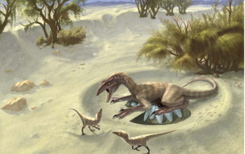artist rendition of a dinosaur with eggs and two babies