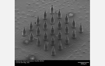 SEM of an array of silver-coated, organically-modified, ceramic microneedles