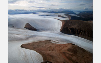 A large, mountain-top icecap on northeastern Baffin Island in Arctic Canada