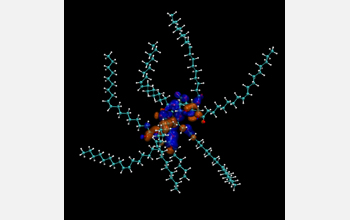 Graphical representation of an olestra test molecule and its highest occupied 3D electron orbital