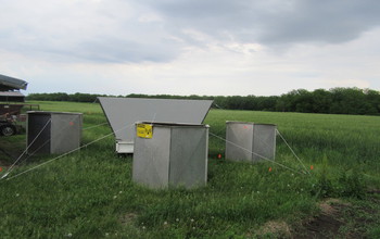 Instruments to measure air temperature and winds in an agricultural field.
