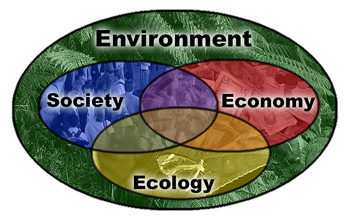 Intersecting circles containing the words Society, Economy and Ecology surrounded by Environment.