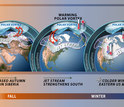 illustration showing 3 globes of continents and the jet stream and polar vortex