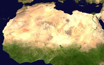 Satellite image of the Sahara Desert and grasslands to the south.