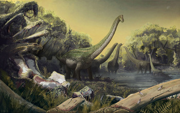 Reconstruction of the new titanosaur and the landscape in which it lived, in what is now Tanzania.