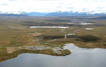 Aerial view of the NSF Arctic LTER site including research buildings, mountains, land and water