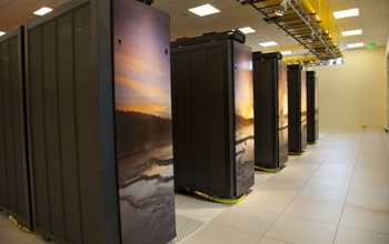 A side view of some of the supercomputer Yellowstone's 100 racks.