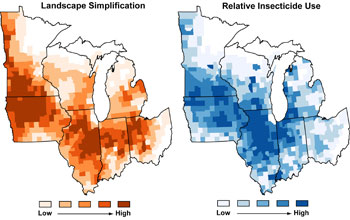 Maps of the Midwest showing landscape simplification on left and relative insecticide use on right.