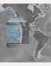 Illustration showing location of seafloor observatories in Atlantic and Pacific oceans.