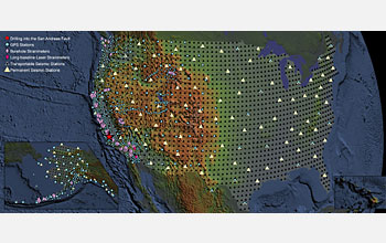 Illustration showing location of geophysical downhole sensing and GPS and seismic stations.