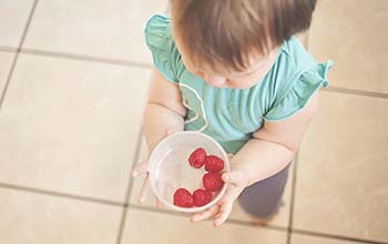 baby holding a bowl of berries