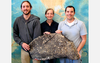UCSB's Christopher Farwell, Sarah Bagby and David Valentine with a piece of asphalt volcano.