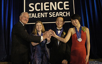 Intel chairman Craig Barrett (far left) presents 2006 Intel Science Talent Search awards.