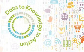 Illustration showing symbols for Internet applications with text data to knowledge to action.