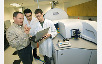 Photo of JBEI Director Jay Keasling with Francesco Pingitore and Chris Petzold at the FT-ICR-MS.