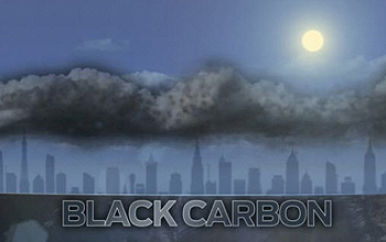 Smog over city skyline and words Black Carbon