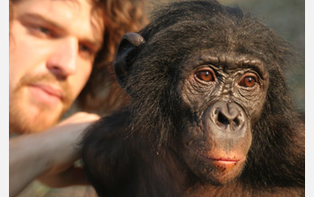 Photo of Duke University anthropologist Brian Hare with one of his bonobo subjects.