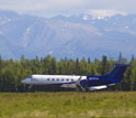 The Gulfstream V taxis into Anchorage