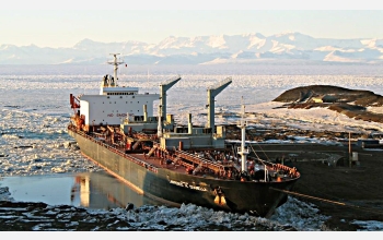 The tanker Lawrence H. Gianella sits alongside the ice pier at McMurdo Station in Antarctica.