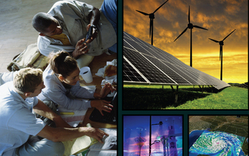 collage of images showing students, solar panels, a lab