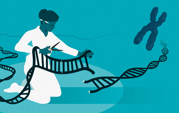 CRISPR illustration depicting a scientist using scissors to cut a strand of DNA
