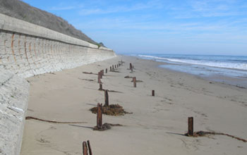 Photo of a beach and seawall in California.